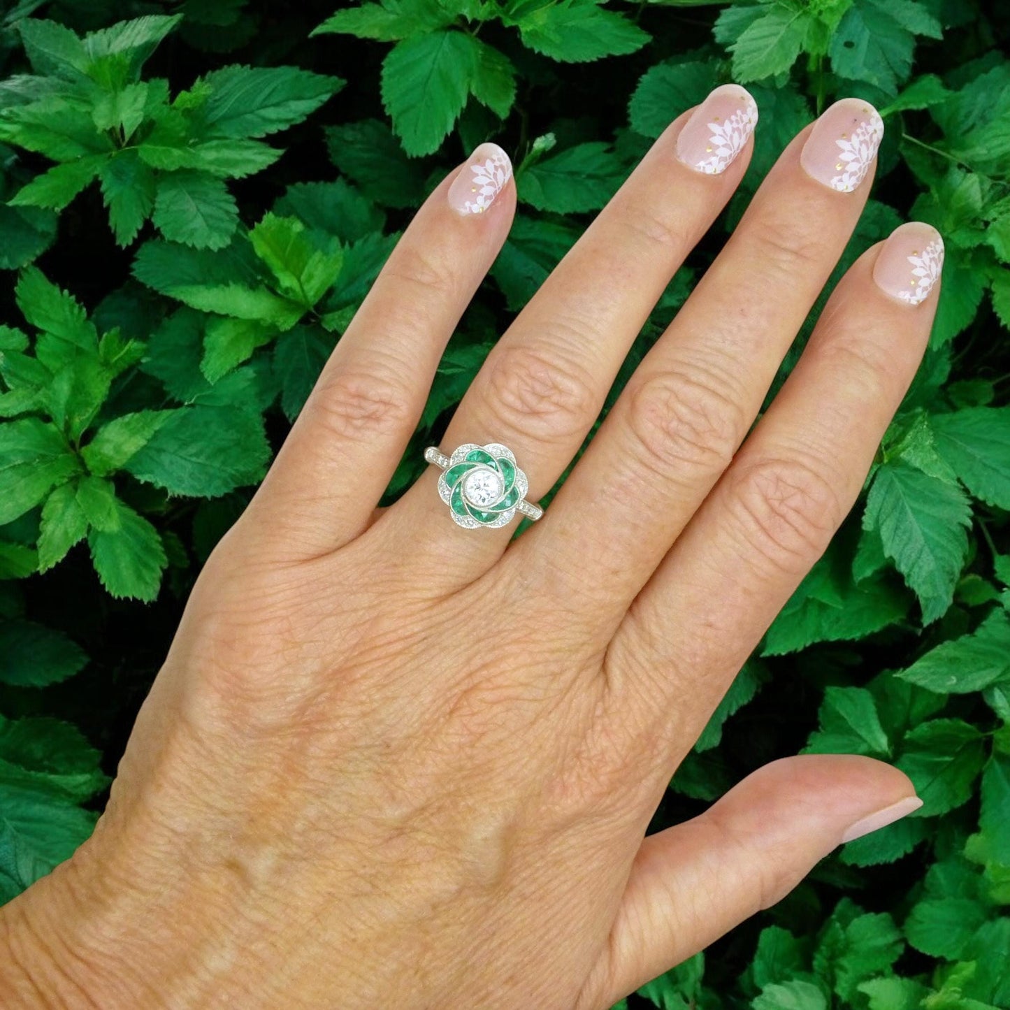 Art Deco style Platinum Emerald & Diamond flower cluster halo ring