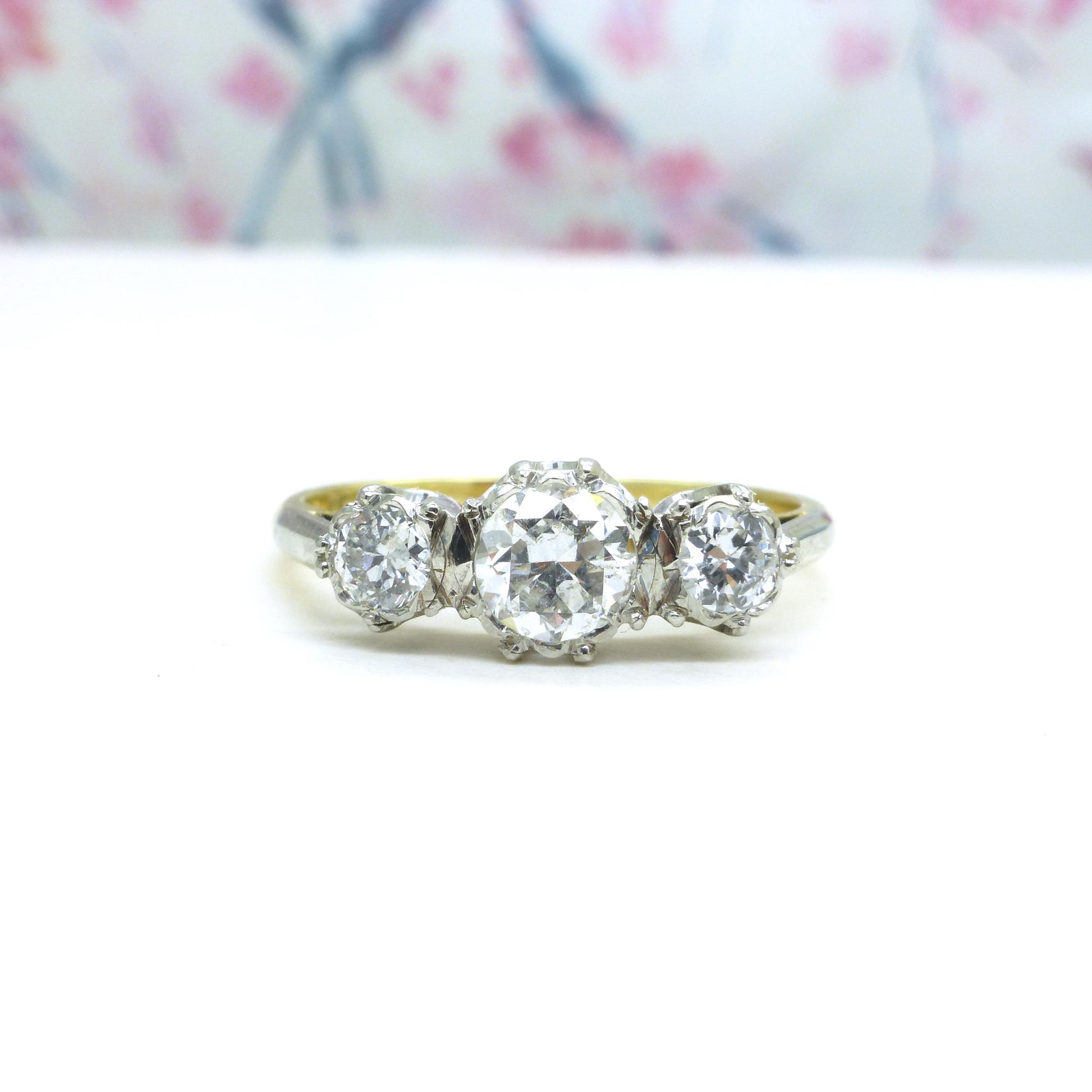 Antique 18ct Platinum transitional cut diamond three stone trilogy ring 0.80ct.