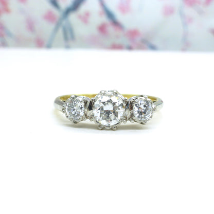 Antique 18ct Platinum transitional cut diamond three stone trilogy ring 0.80ct.