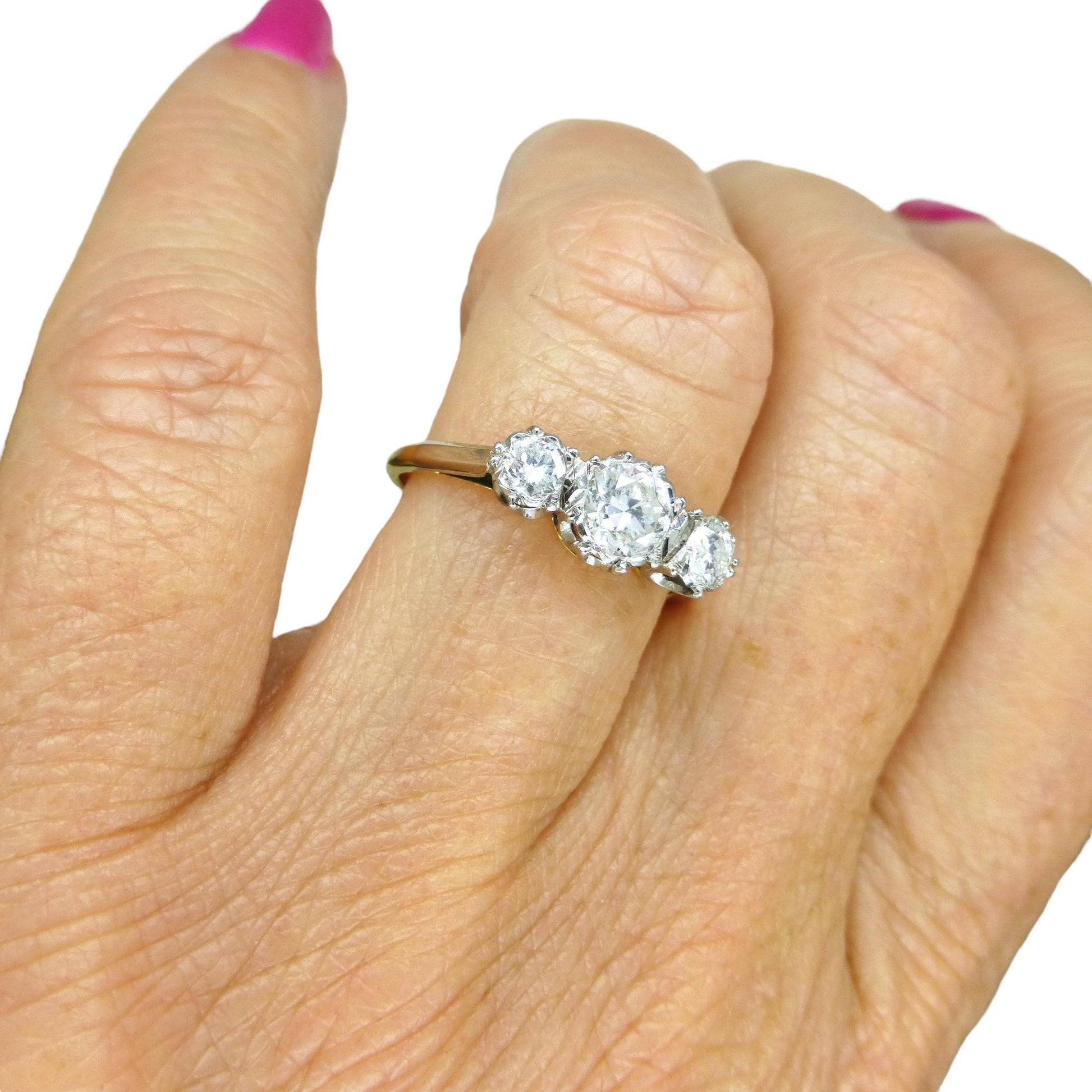 Antique 18ct Platinum transitional cut diamond three stone trilogy ring 0.80ct.