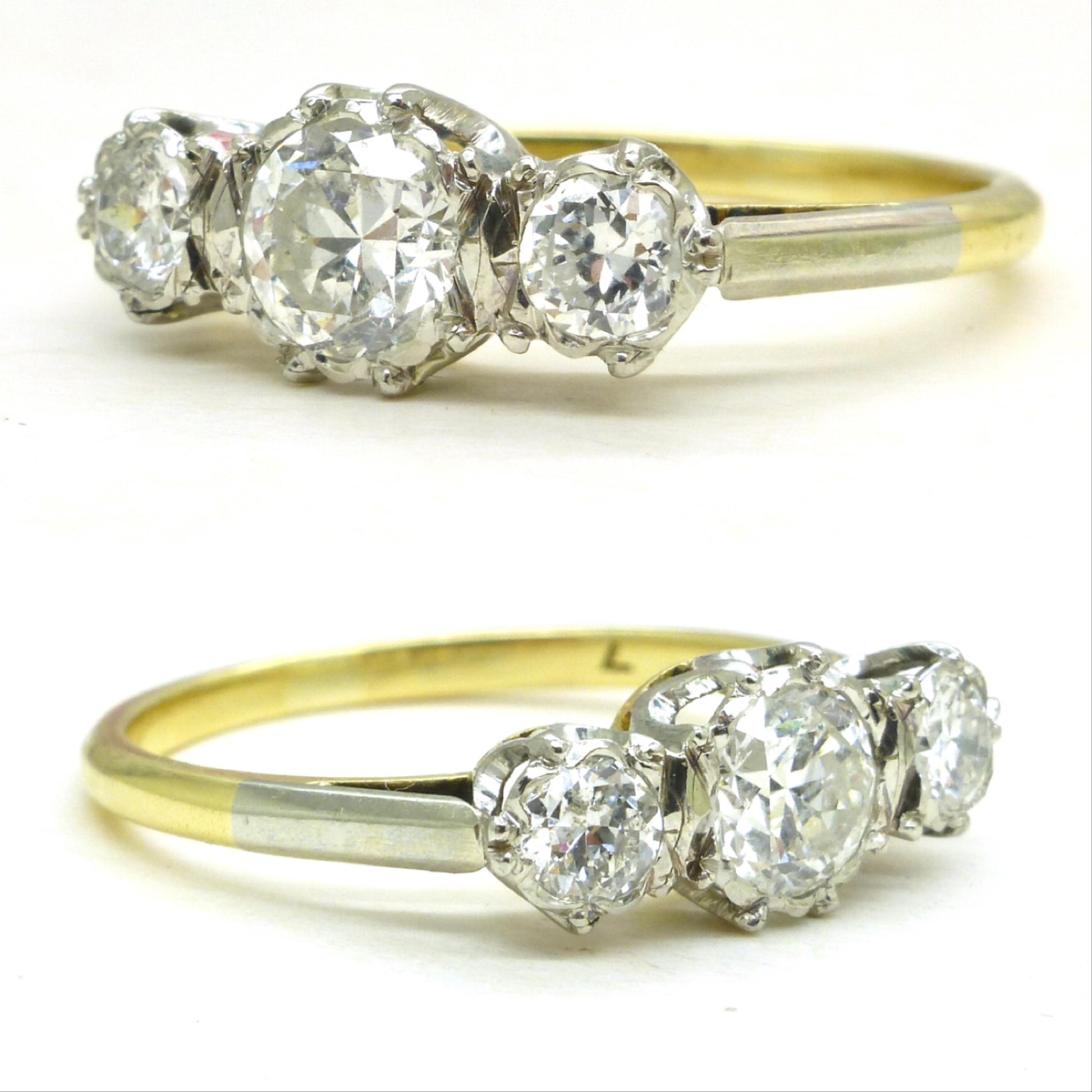Antique 18ct Platinum transitional cut diamond three stone trilogy ring 0.80ct.