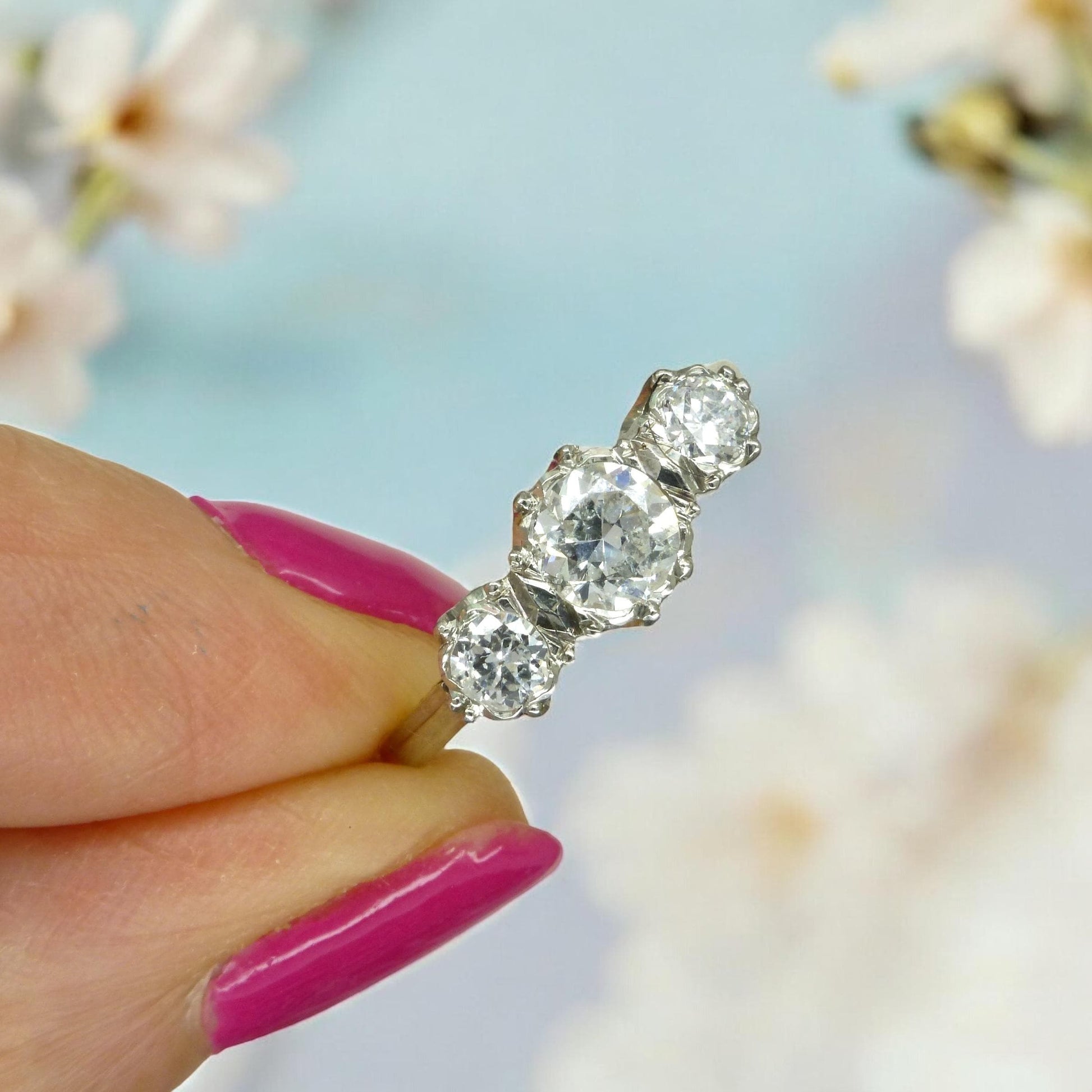 Antique 18ct Platinum transitional cut diamond three stone trilogy ring 0.80ct.