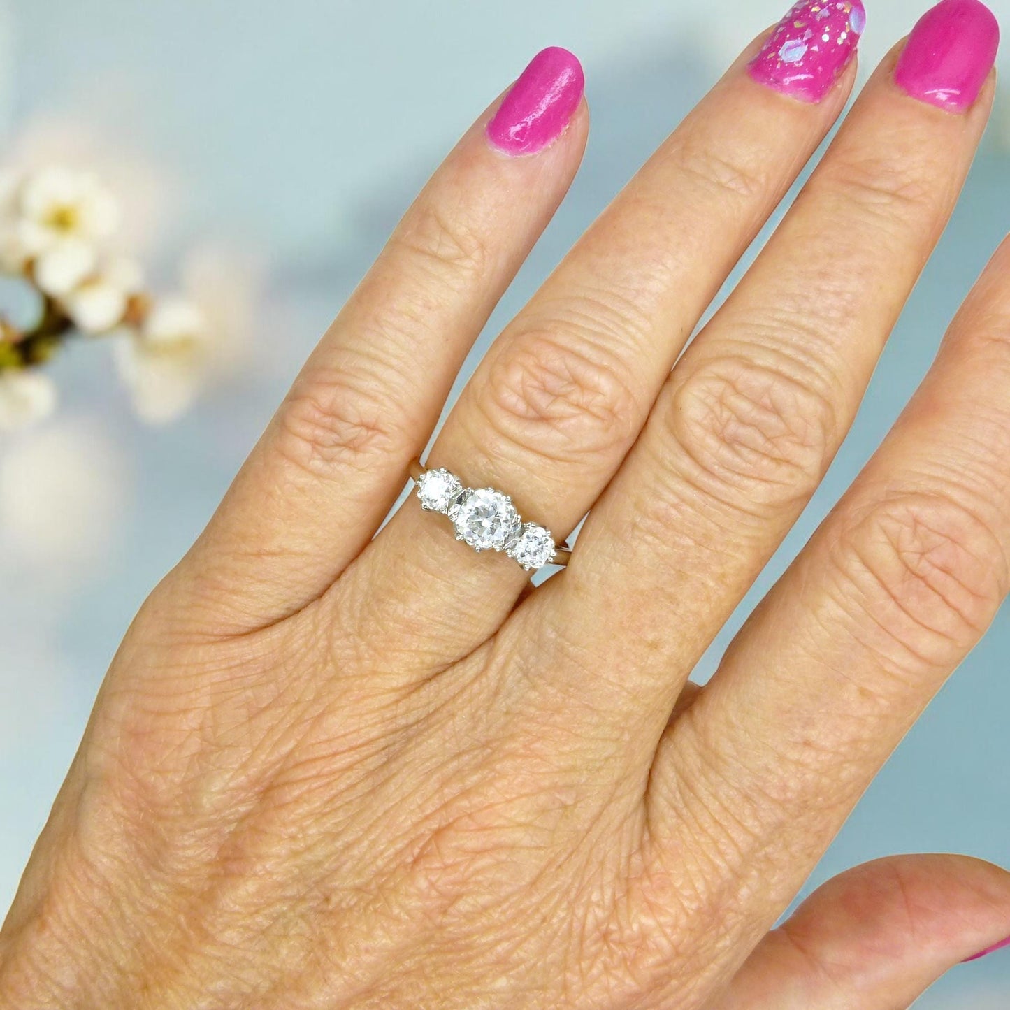Antique 18ct Platinum transitional cut diamond three stone trilogy ring 0.80ct.