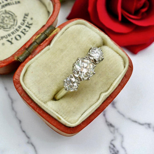 Antique 18ct Platinum transitional cut diamond three stone trilogy ring 0.80ct.
