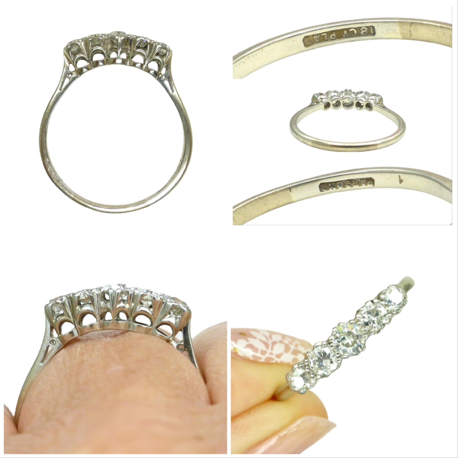 Antique natural old cut diamond five stone ring 0.45ct - 18ct white gold & platinum