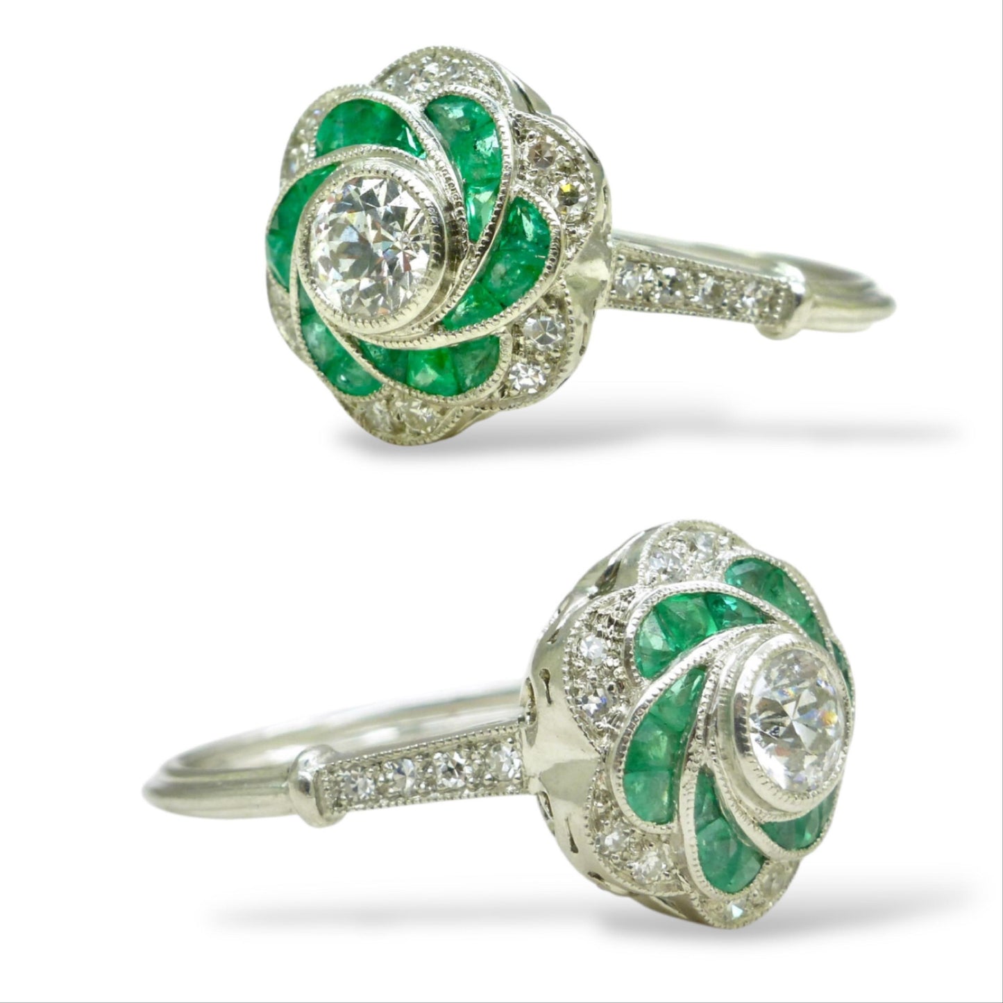 Art Deco style Platinum Emerald & Diamond flower cluster halo ring