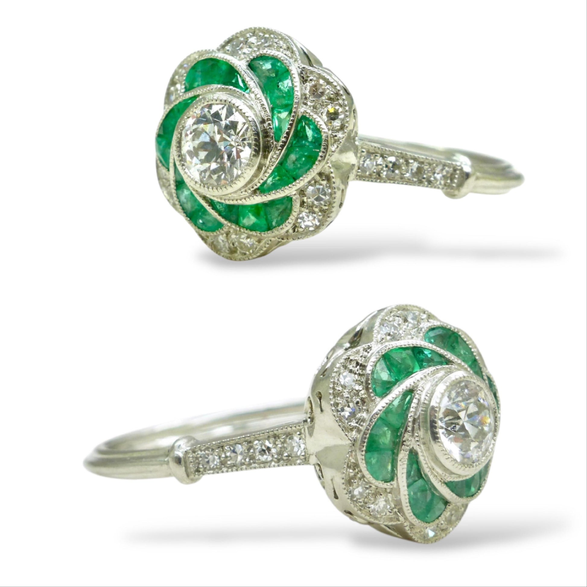 Art Deco style Platinum Emerald & Diamond flower cluster halo ring
