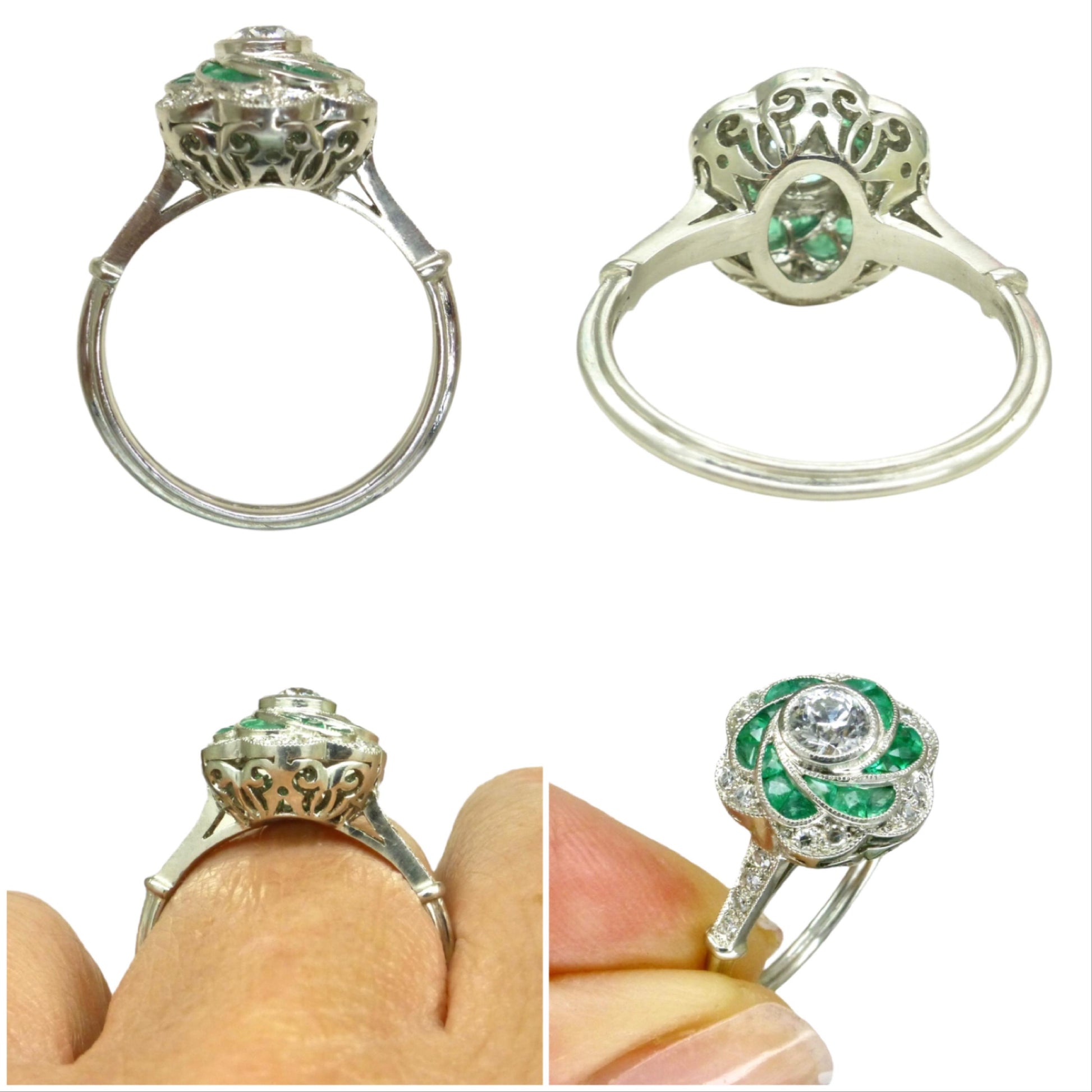 Art Deco style Platinum Emerald & Diamond flower cluster halo ring