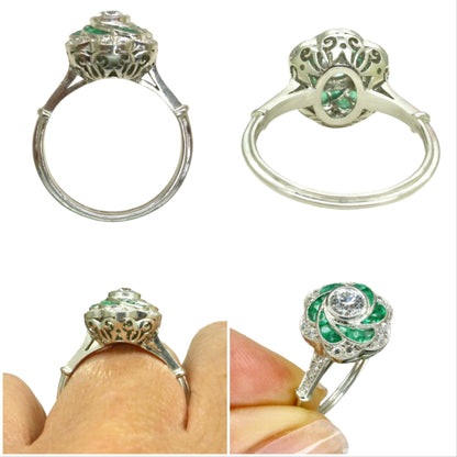Art Deco style Platinum Emerald & Diamond flower cluster halo ring