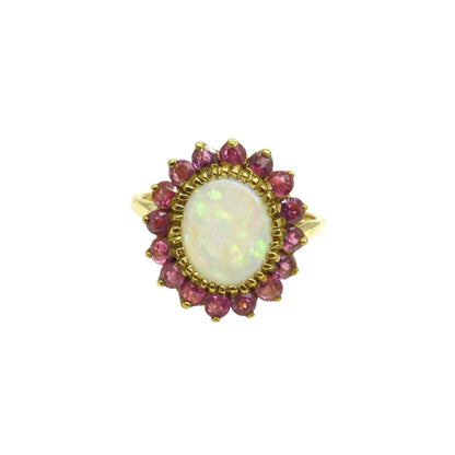 Vintage 9ct gold opal & ruby statement cluster ring ~ English ring 1980's
