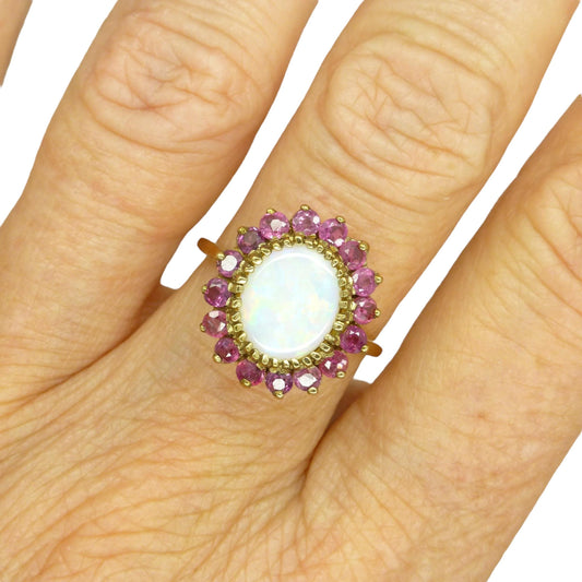 Vintage 9ct gold opal & ruby statement cluster ring ~ English ring 1980's