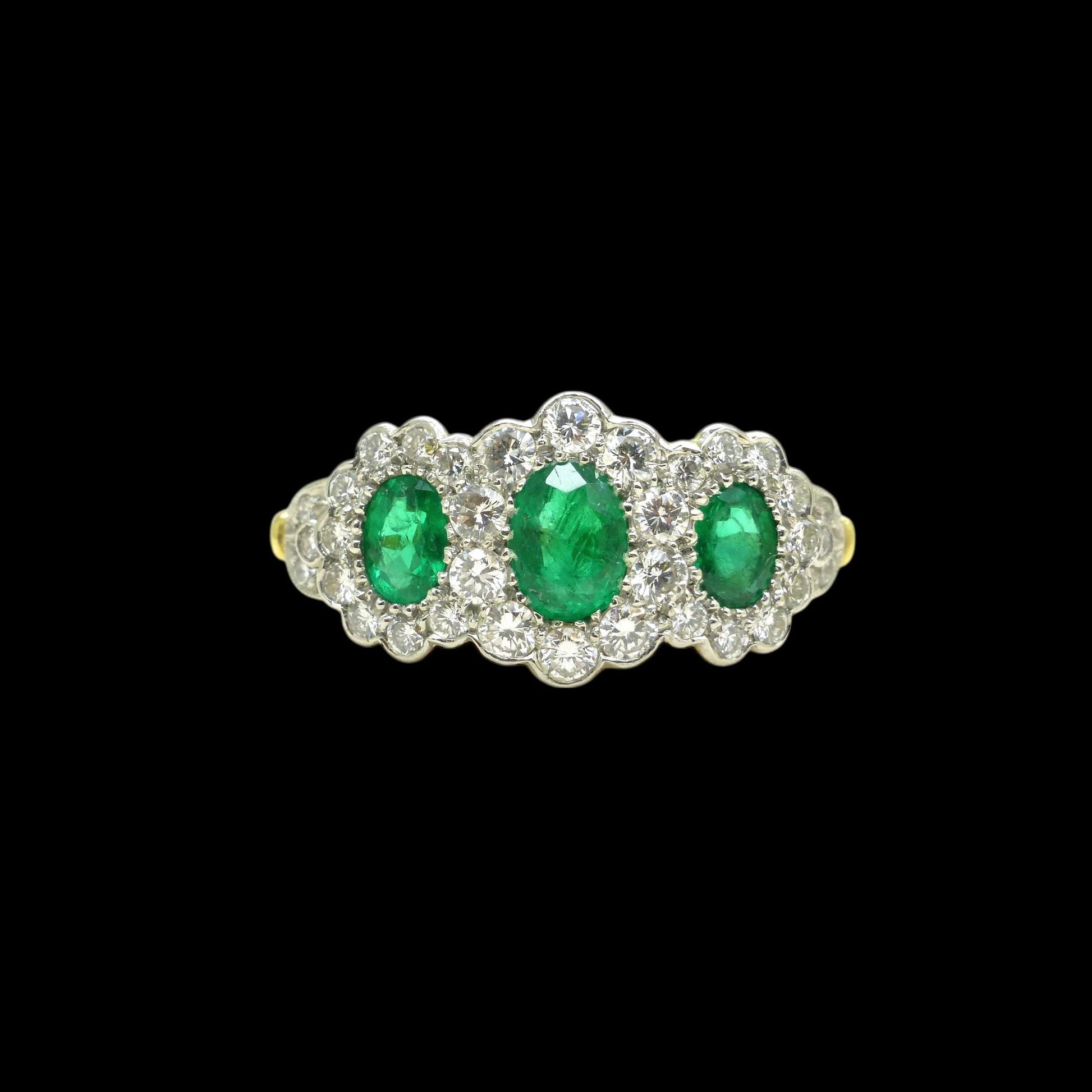 Vintage 18ct gold Emerald & Diamond triple daisy cluster ring ~ With Valuation