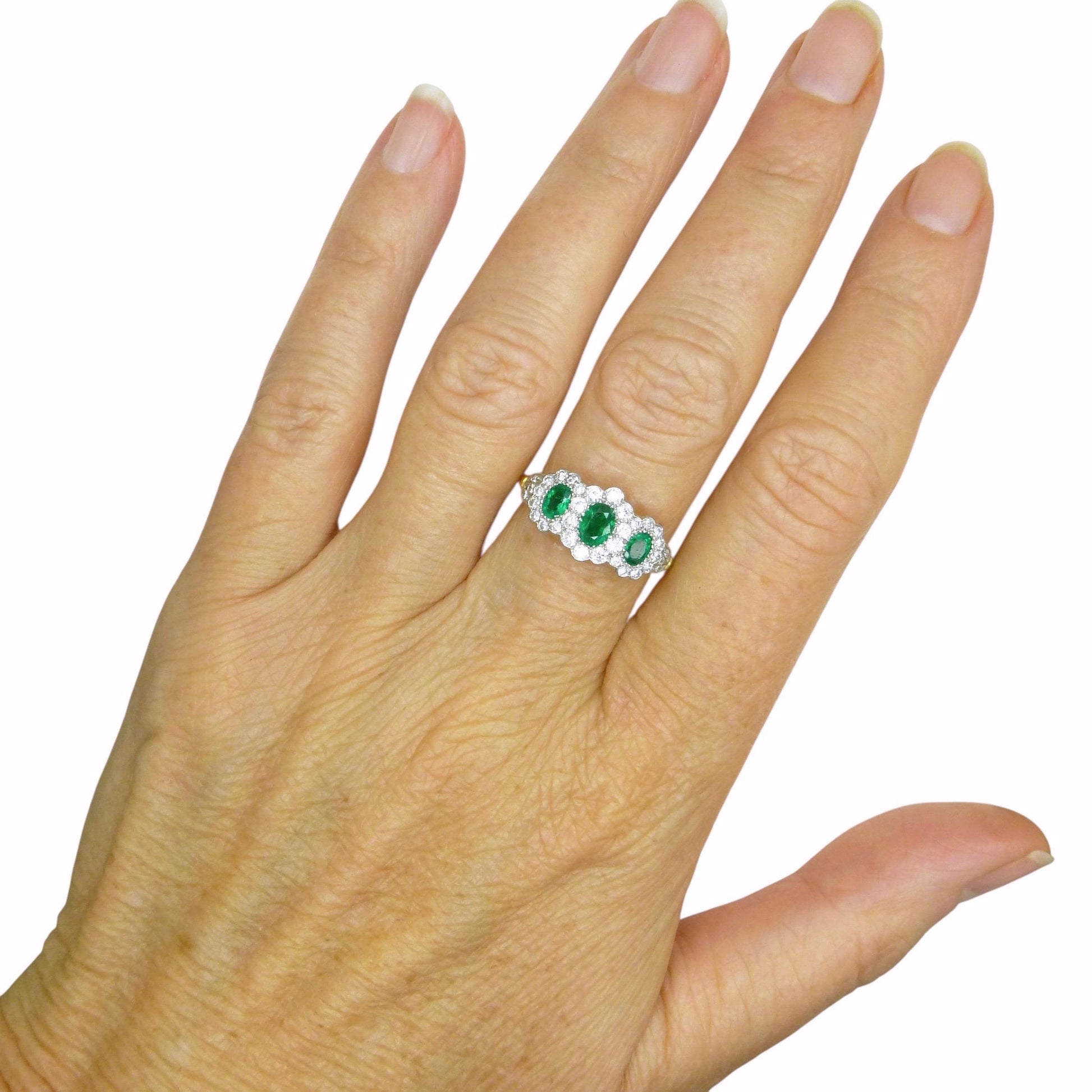 Vintage 18ct gold Emerald & Diamond triple daisy cluster ring ~ With Valuation