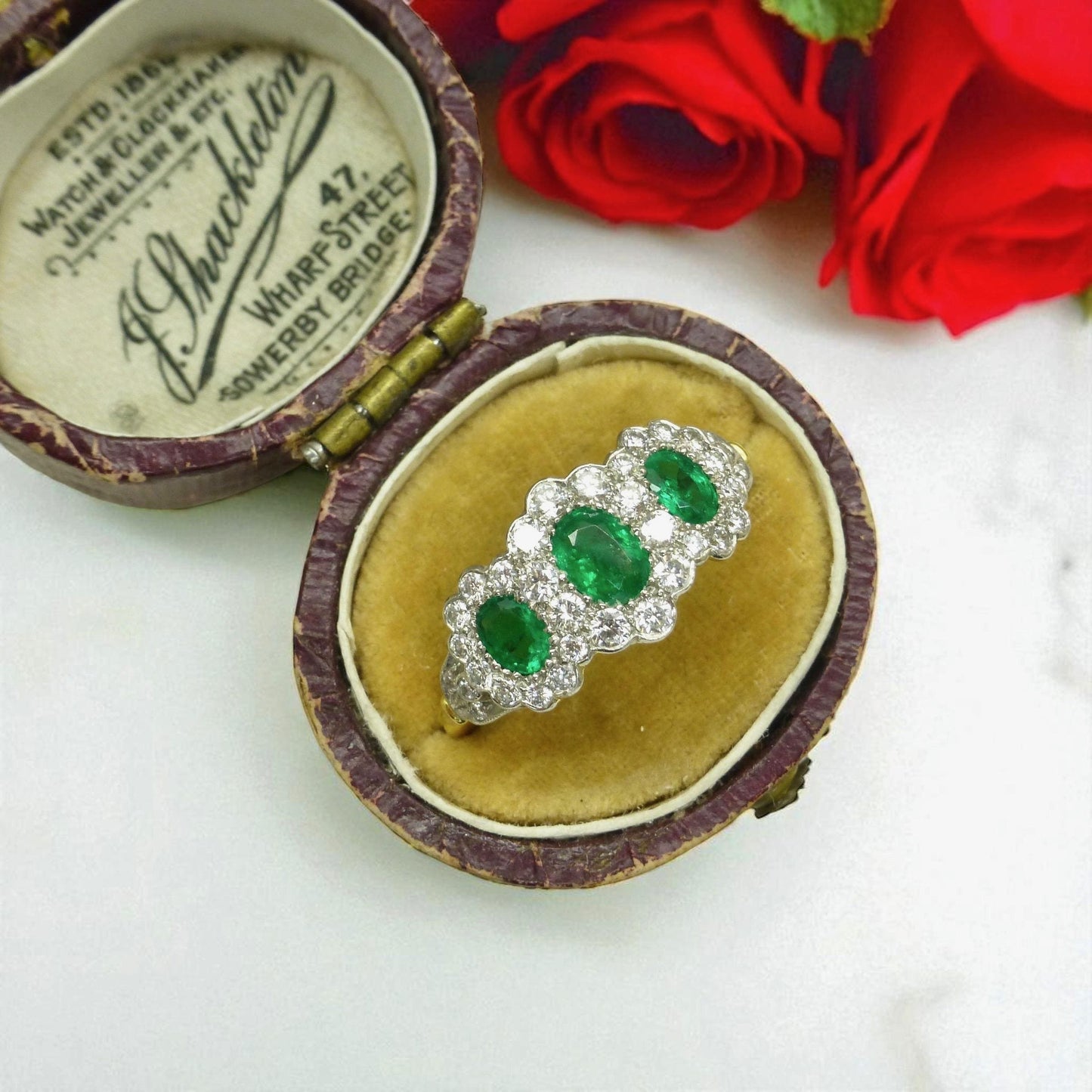 Vintage 18ct gold Emerald & Diamond triple daisy cluster ring ~ With Valuation