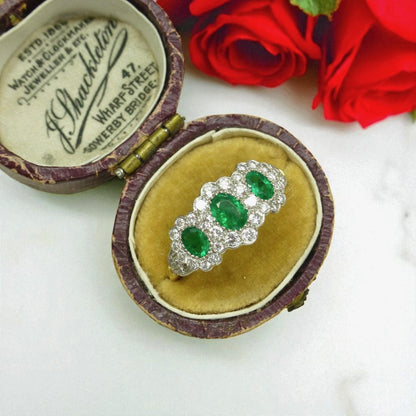 Vintage 18ct gold Emerald & Diamond triple daisy cluster ring ~ With Valuation