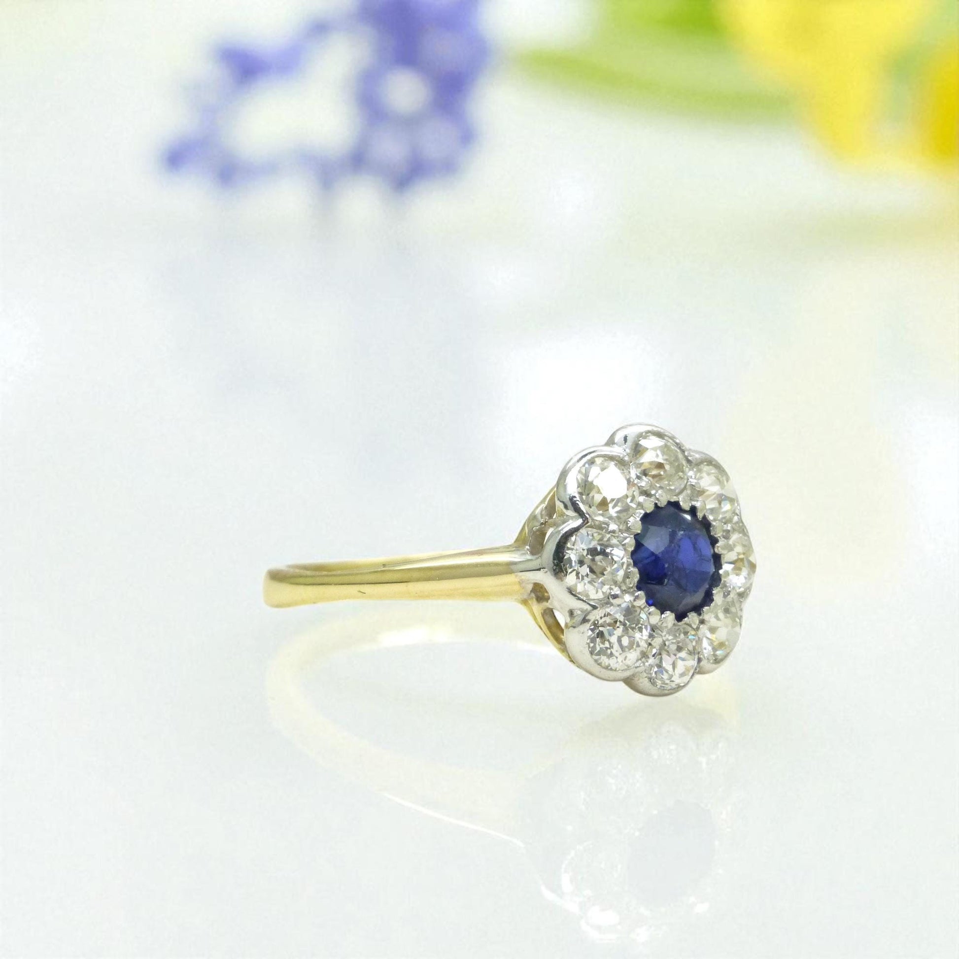 Antique 18ct sapphire & old cut diamond daisy cluster ring 1910's