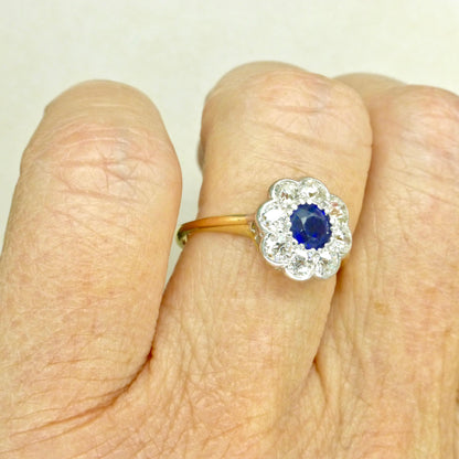 Antique 18ct sapphire & old cut diamond daisy cluster ring 1910's