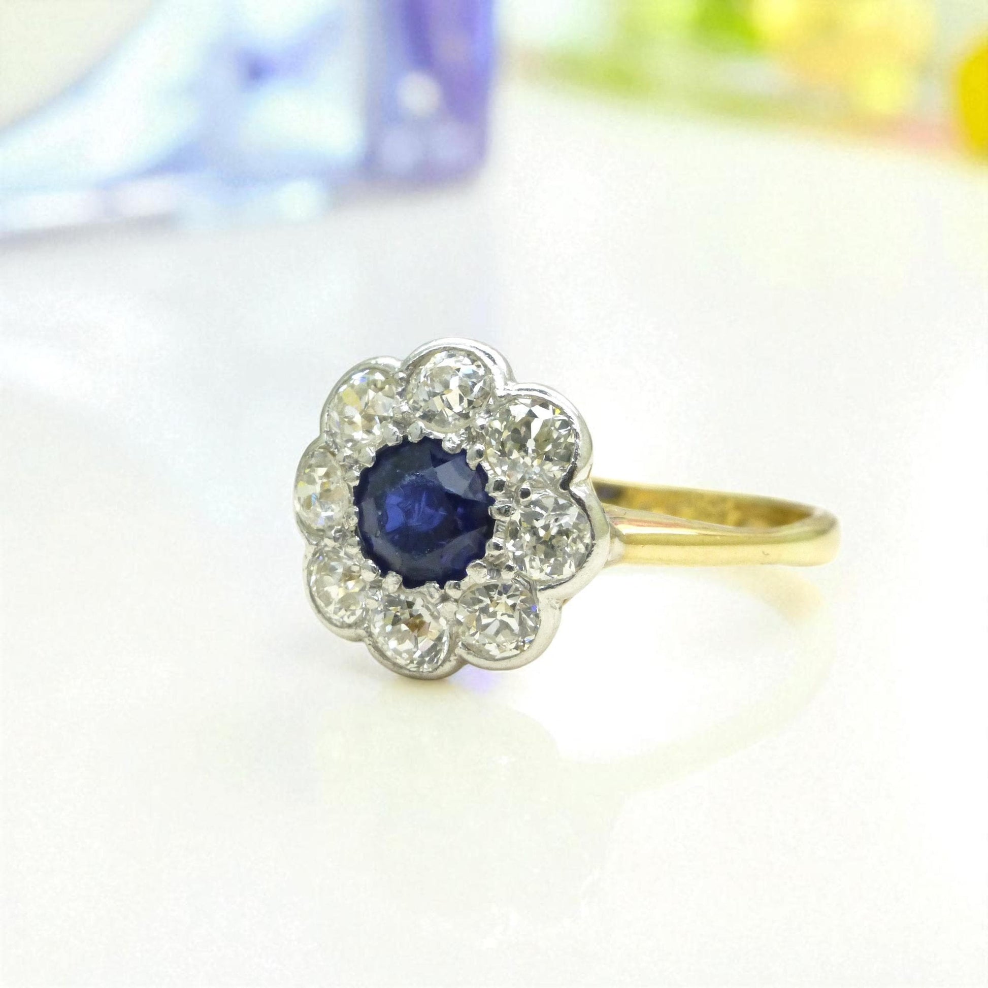 Antique 18ct sapphire & old cut diamond daisy cluster ring 1910's