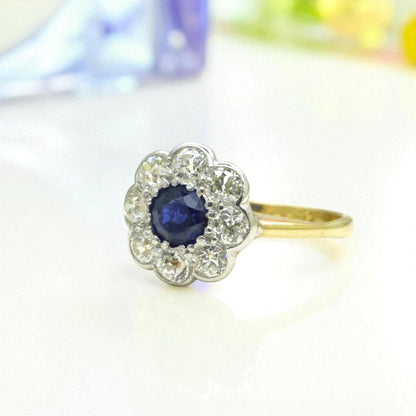 Antique 18ct sapphire & old cut diamond daisy cluster ring 1910's