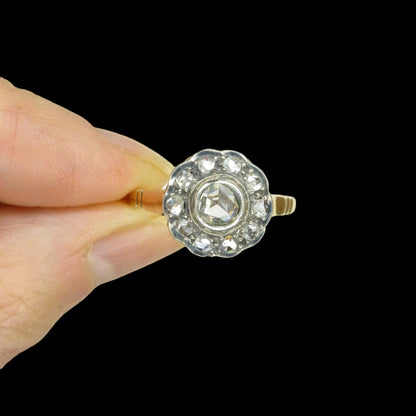 Antique Gold and old Rose cut diamond halo cluster ring