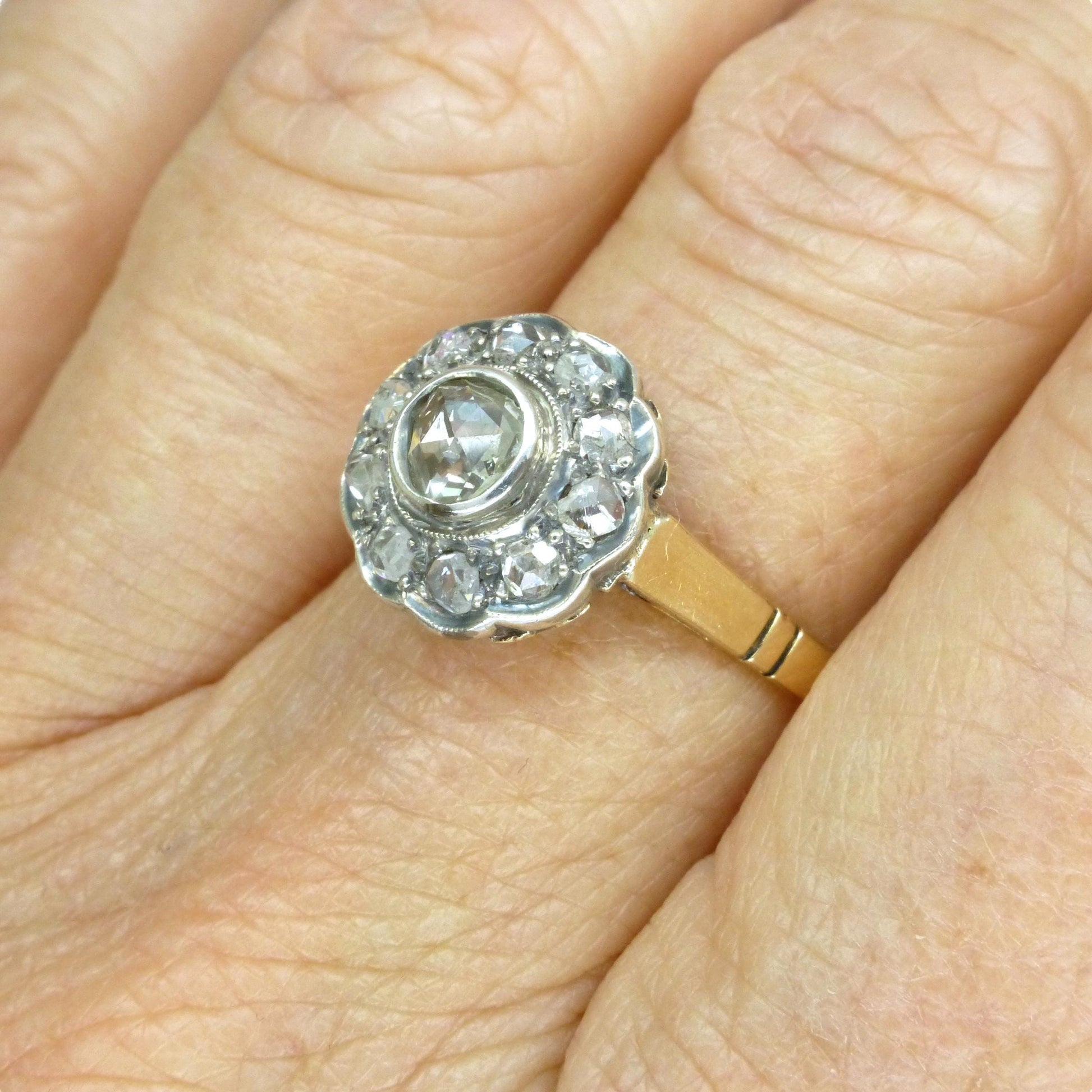 Antique Gold and old Rose cut diamond halo cluster ring