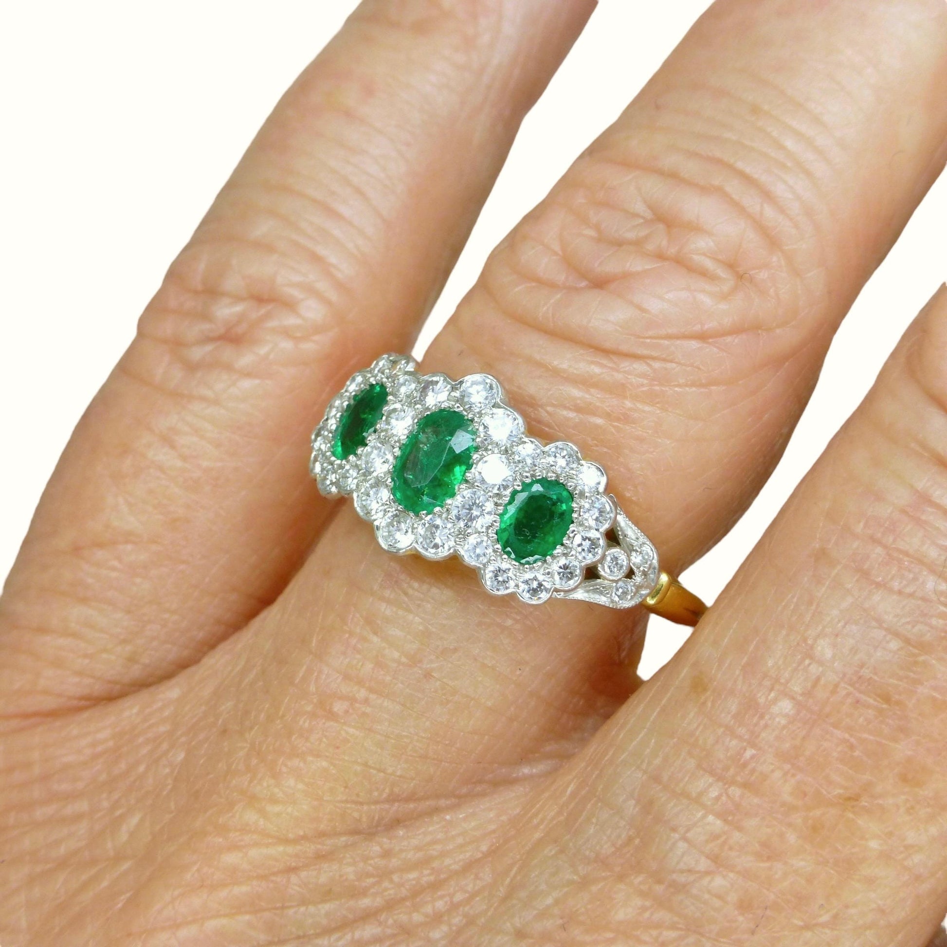 Vintage 18ct gold Emerald & Diamond triple daisy cluster ring ~ With Valuation