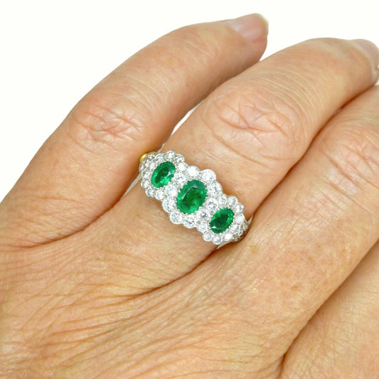 Vintage 18ct gold Emerald & Diamond triple daisy cluster ring ~ With Valuation