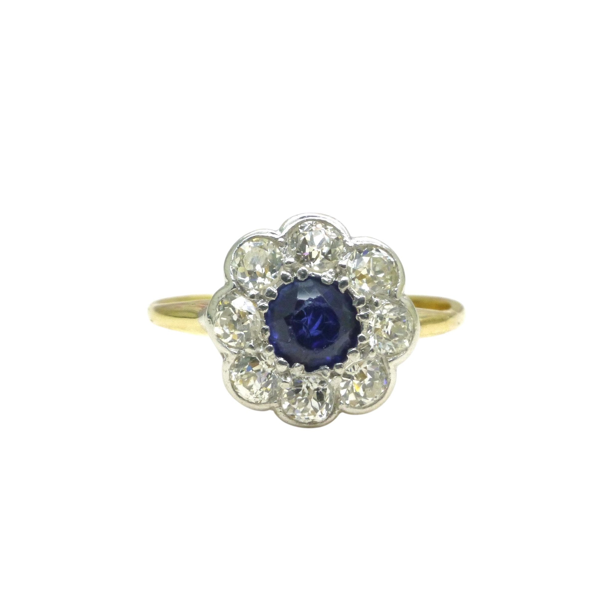 Antique 18ct sapphire & old cut diamond daisy cluster ring 1910's