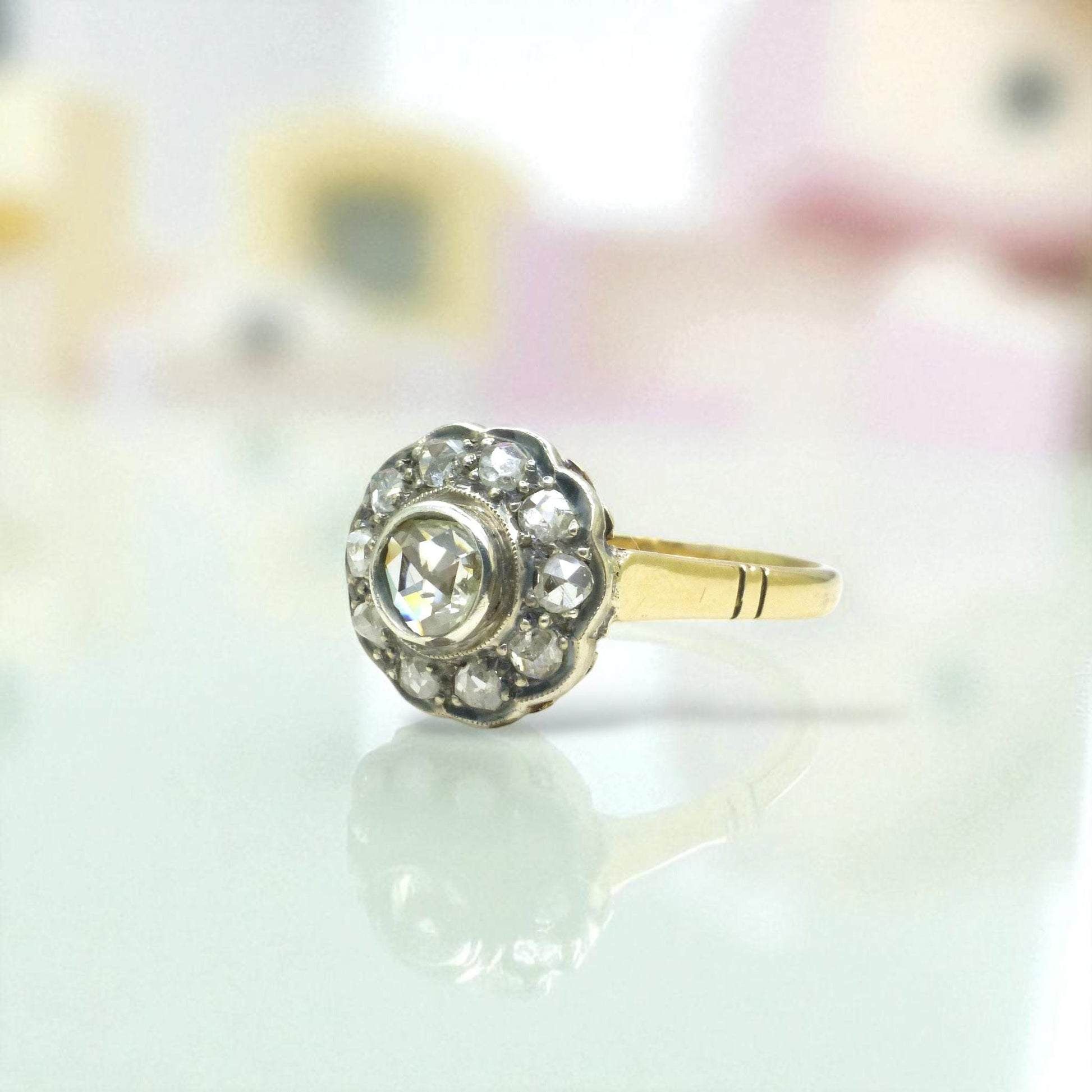 Antique Gold and old Rose cut diamond halo cluster ring