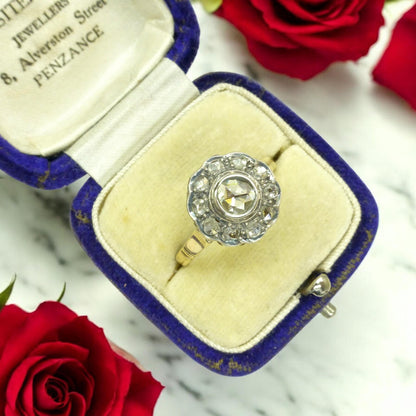 Antique Gold and old Rose cut diamond halo cluster ring