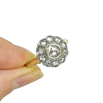 Antique Gold and old Rose cut diamond halo cluster ring