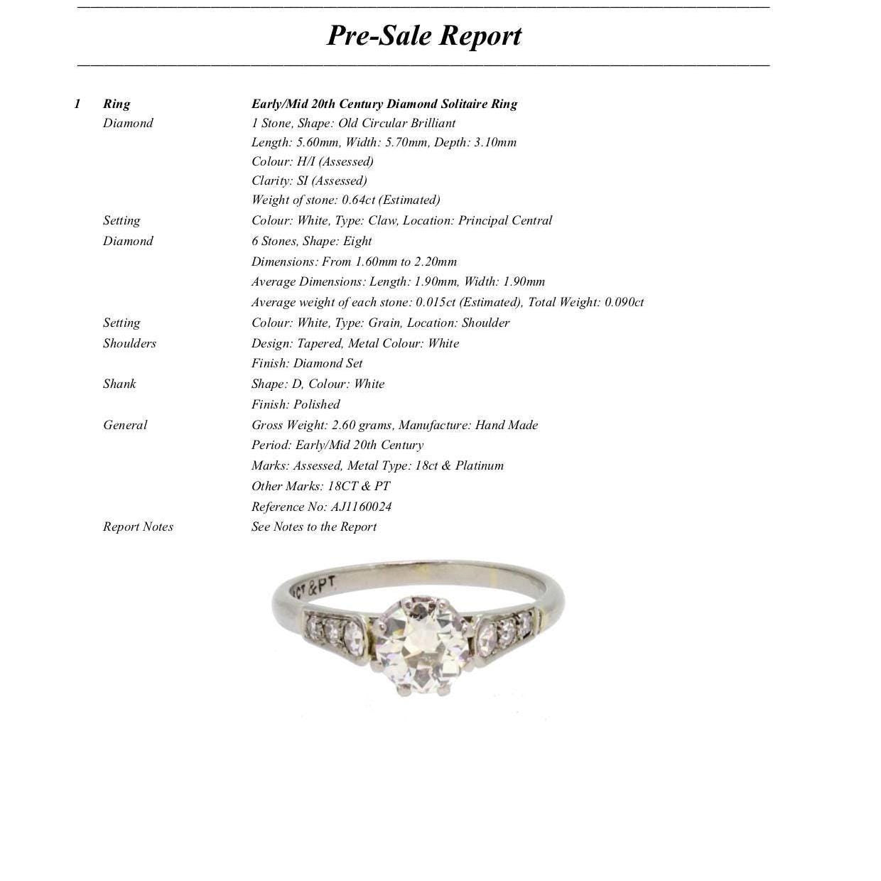 Antique old European cut diamond solitaire ring ~ 18ct white gold & Platinum 0.64ct ~ With Valuation.