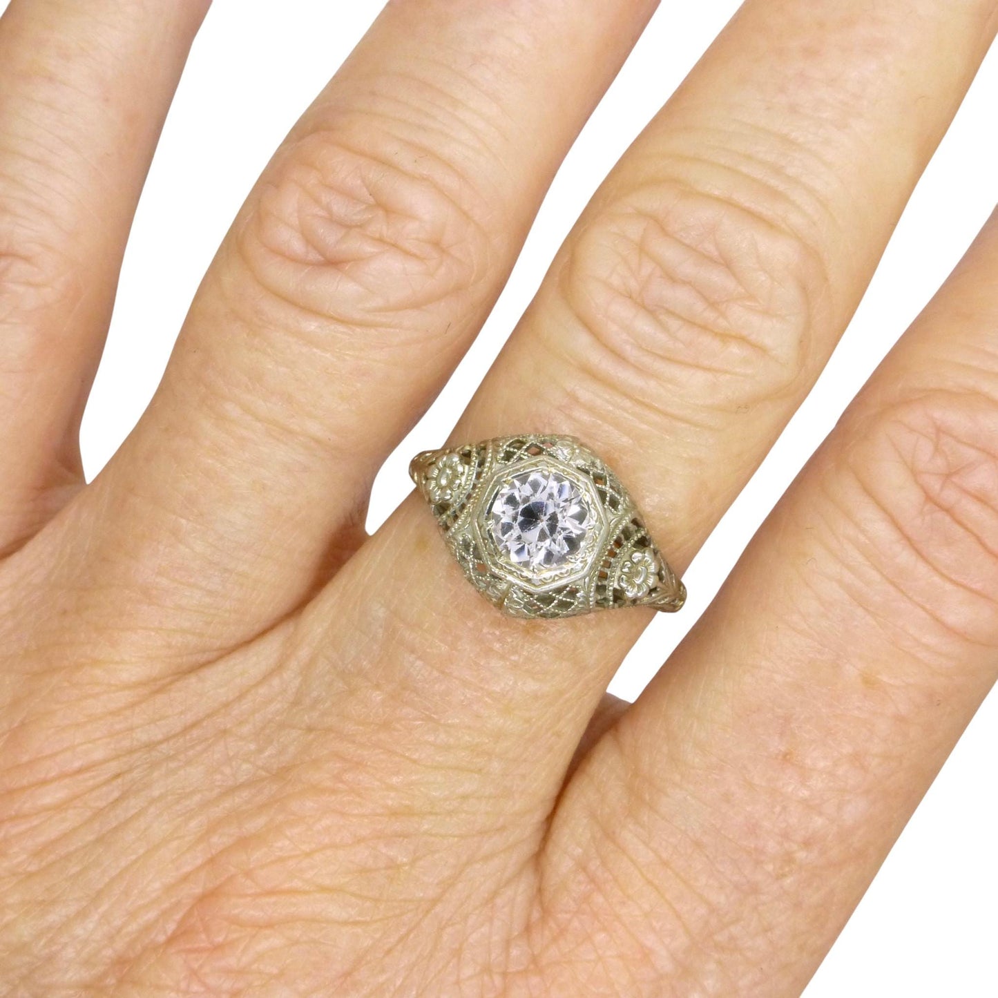 Antique white gold filigree and white sapphire solitaire ring c1900's