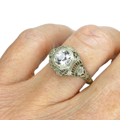 Antique white gold filigree and white sapphire solitaire ring c1900's