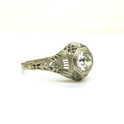 Antique white gold filigree and white sapphire solitaire ring c1900's