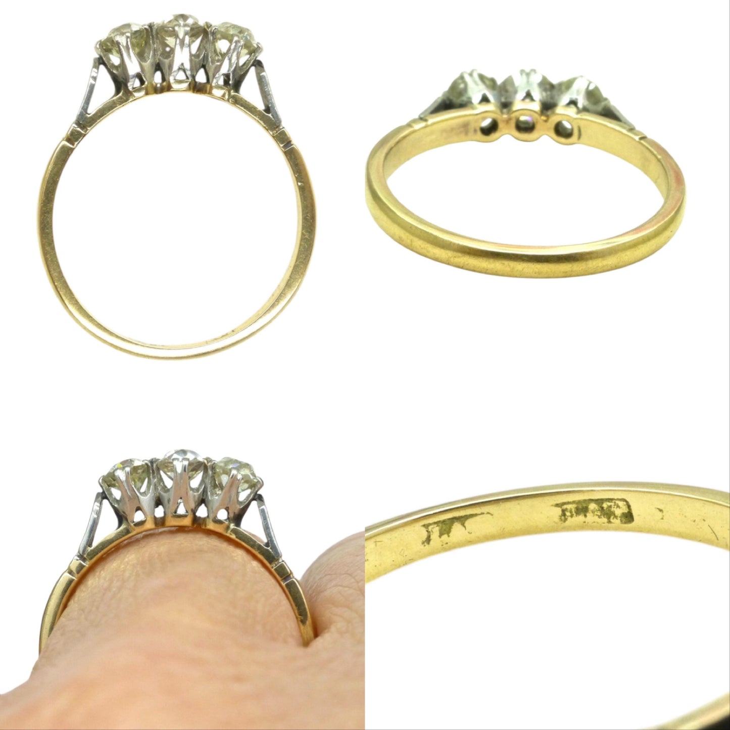 Antique old mine cut natural diamond three stone trilogy ring 0.75ct ~ 18ct Platinum