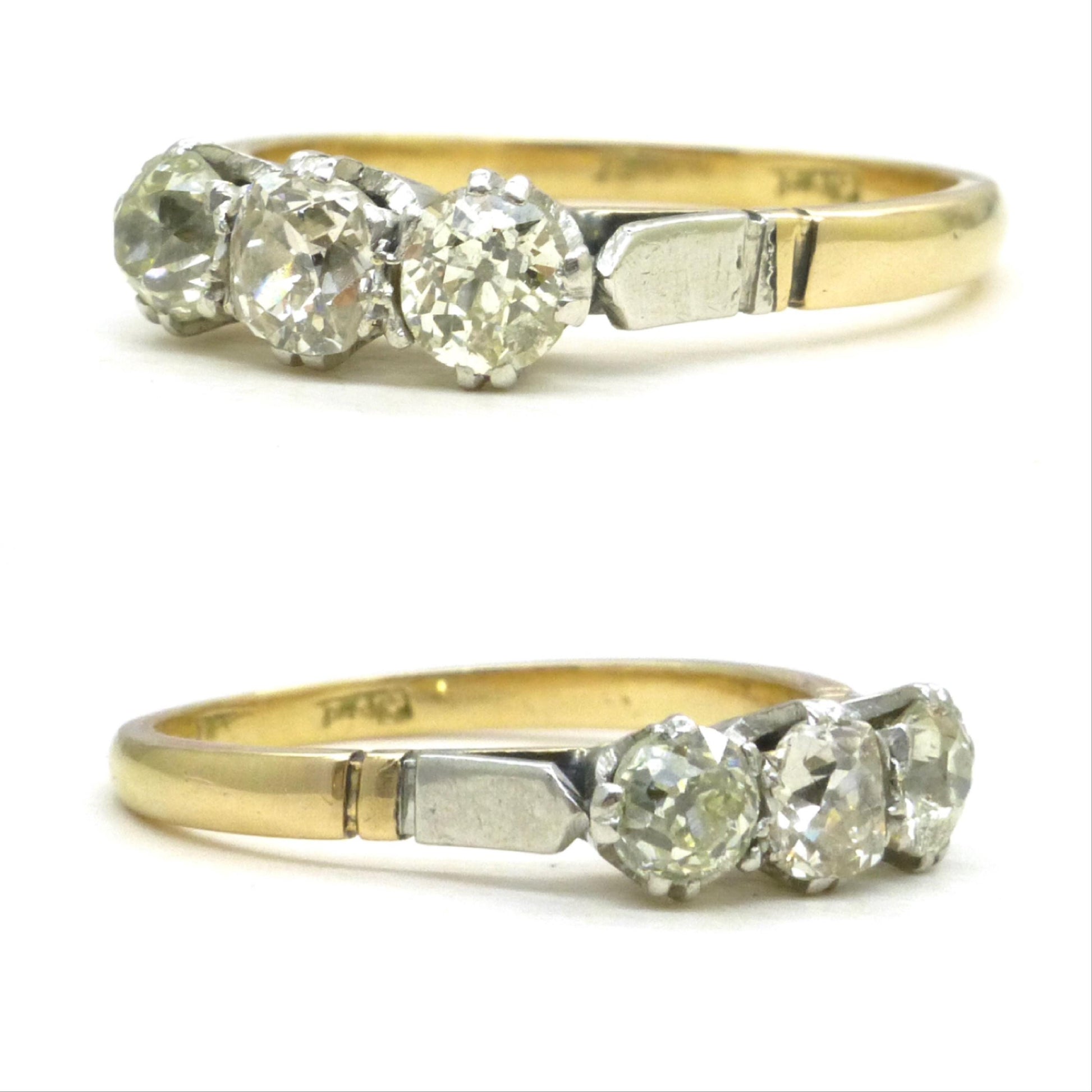 Antique old mine cut natural diamond three stone trilogy ring 0.75ct ~ 18ct Platinum