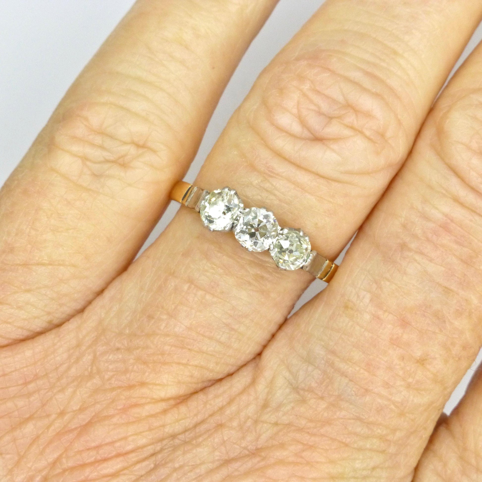 Antique old mine cut natural diamond three stone trilogy ring 0.75ct ~ 18ct Platinum