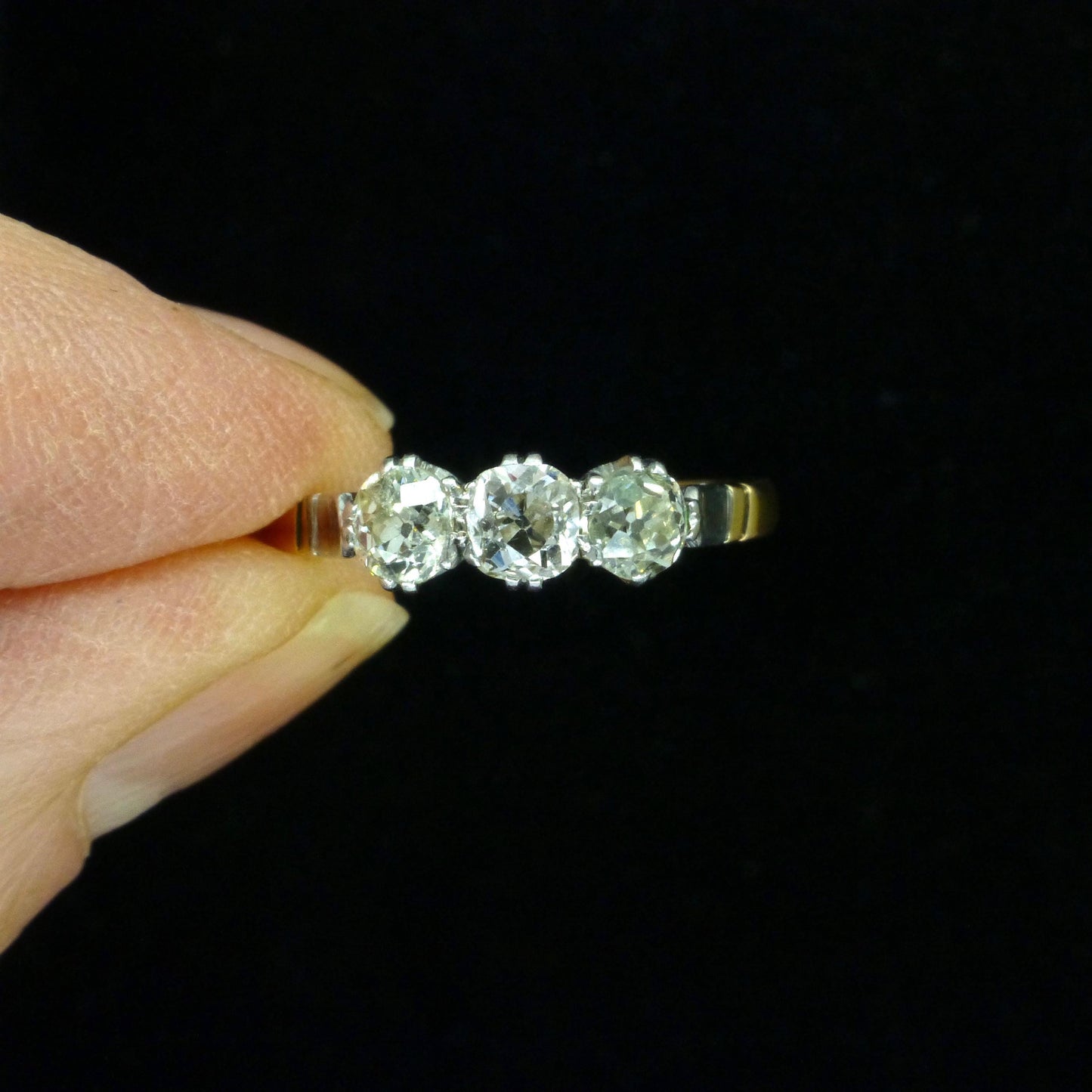 Antique old mine cut natural diamond three stone trilogy ring 0.75ct ~ 18ct Platinum