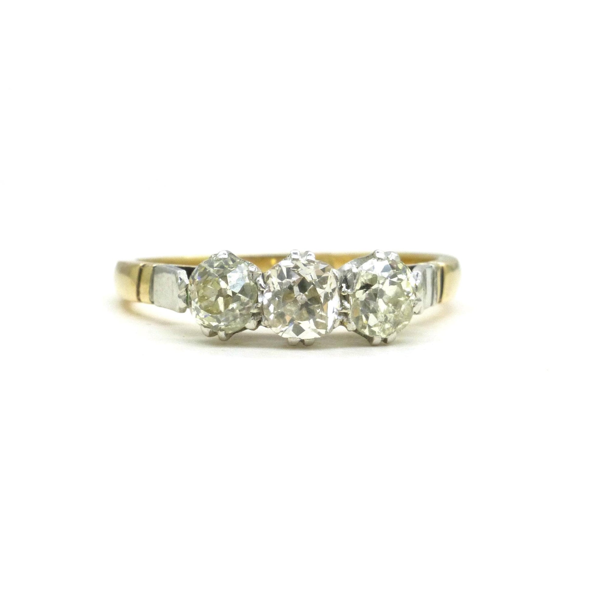 Antique old mine cut natural diamond three stone trilogy ring 0.75ct ~ 18ct Platinum