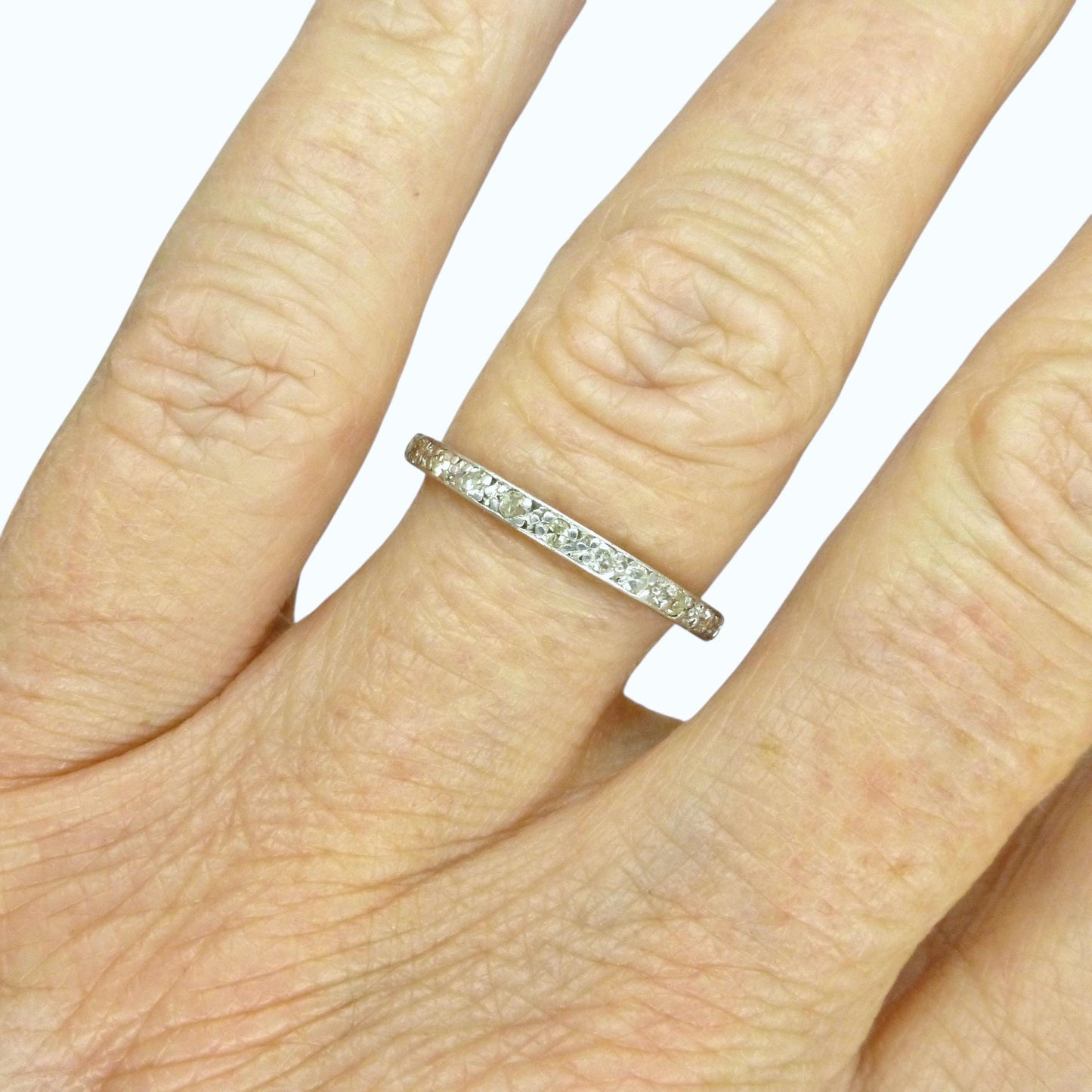 Antique platinum Diamond full Eternity Ring - Narrow 2mm Wedding Band 1920s, Size O - 7