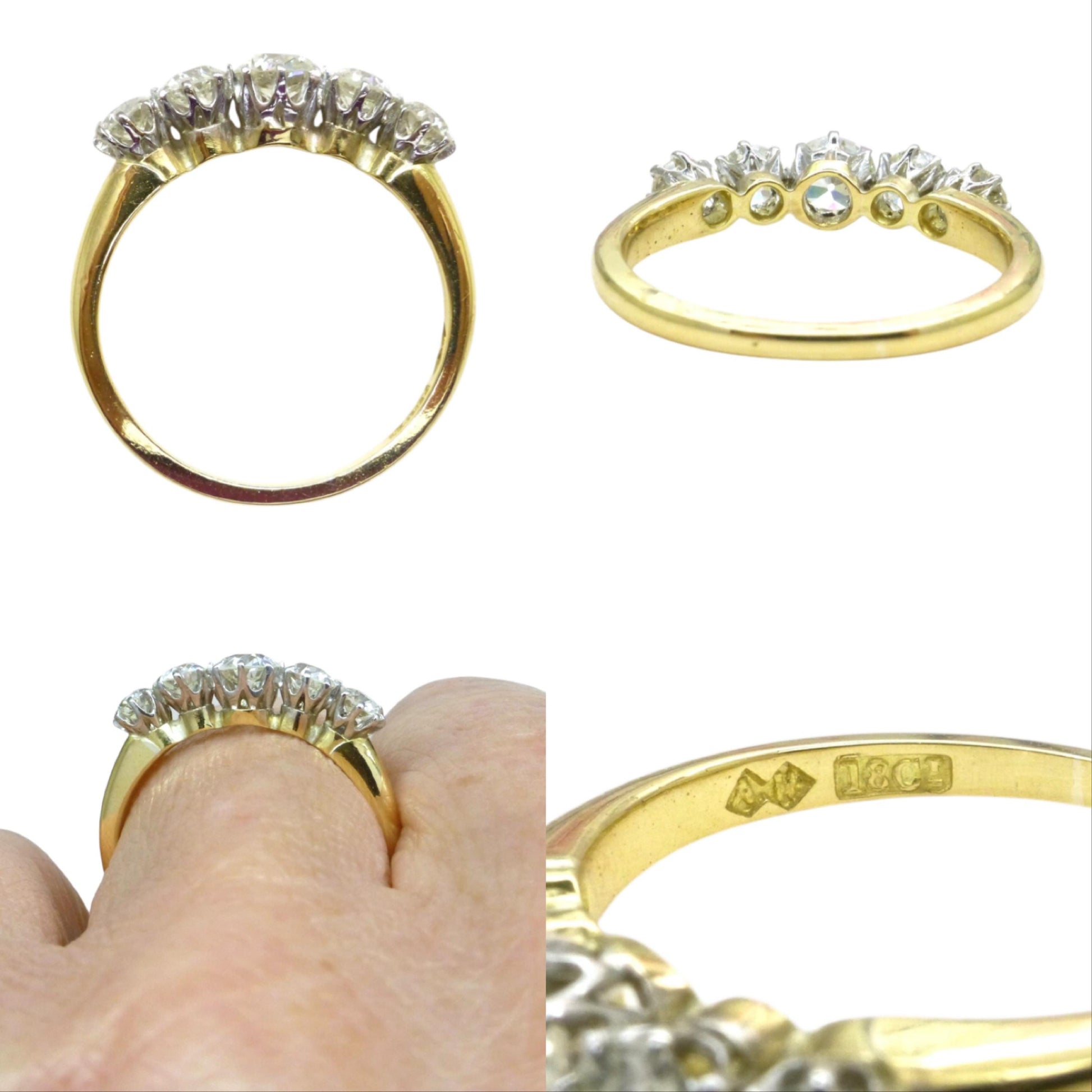 Antique 18ct gold old cut natural diamond five stone ring c.1.05ct c1920's