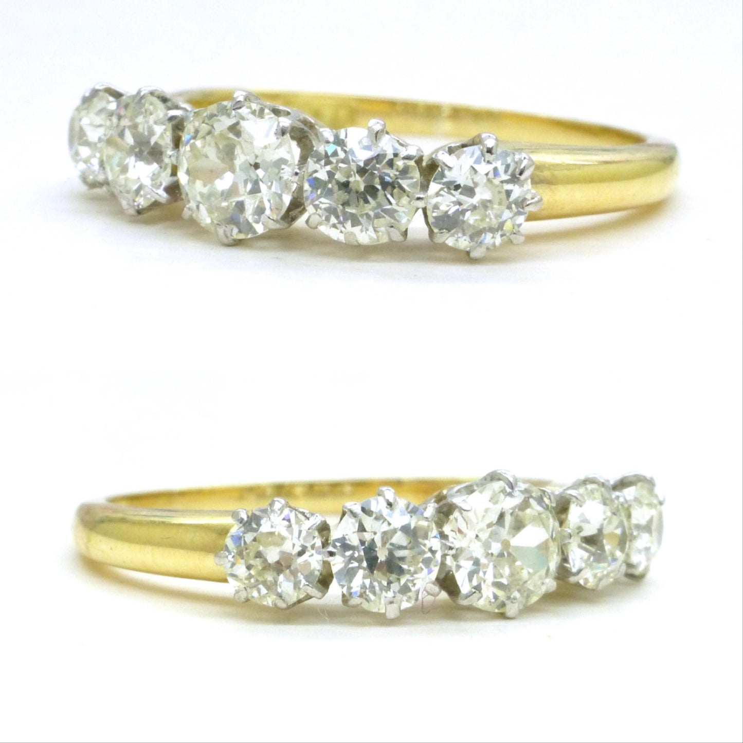 Antique 18ct gold old cut natural diamond five stone ring c.1.05ct c1920's