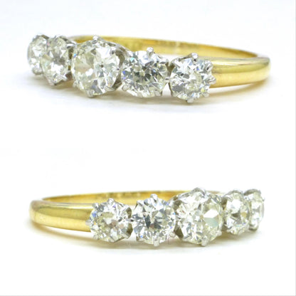 Antique 18ct gold old cut natural diamond five stone ring c.1.05ct c1920's