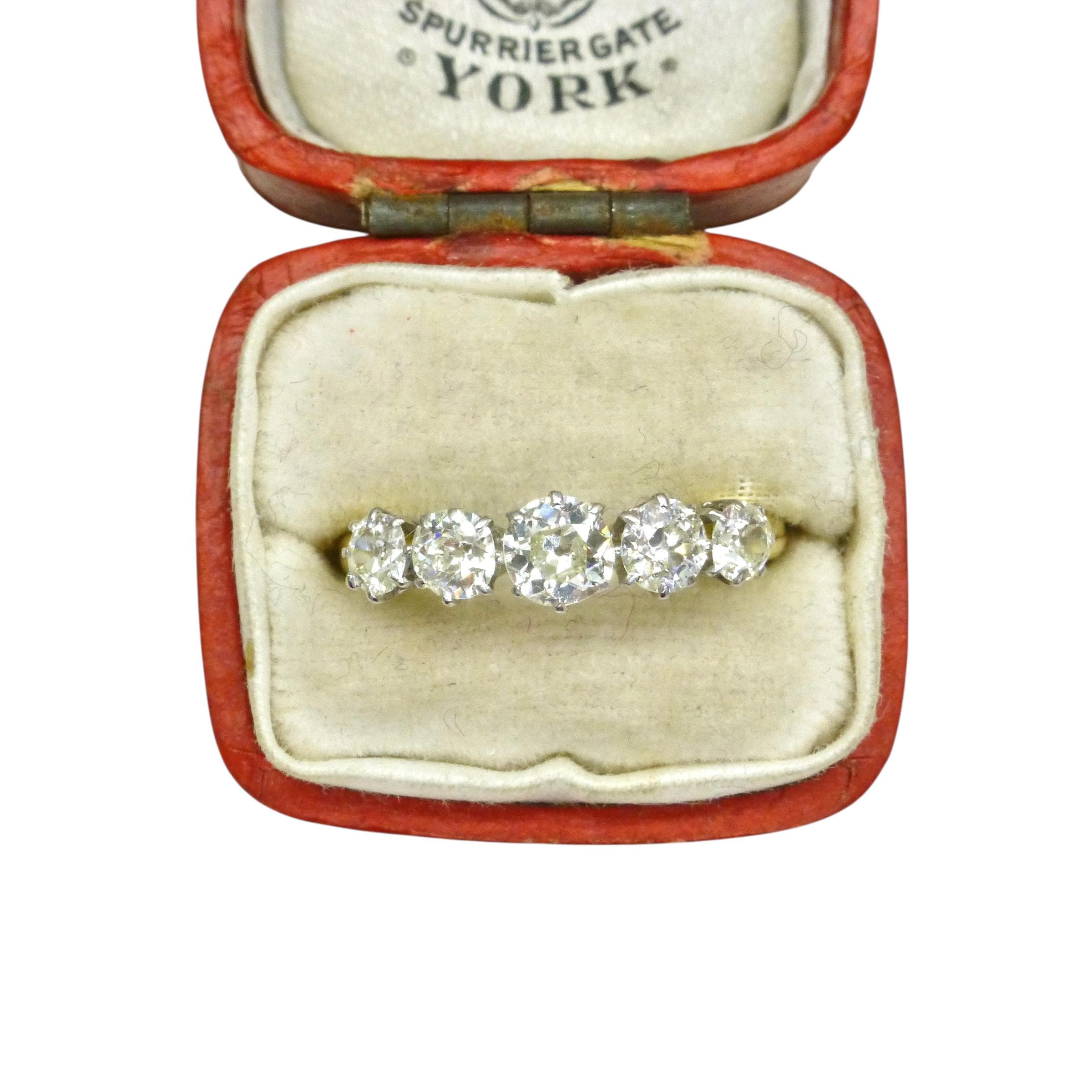 Antique 18ct gold old cut natural diamond five stone ring c.1.05ct