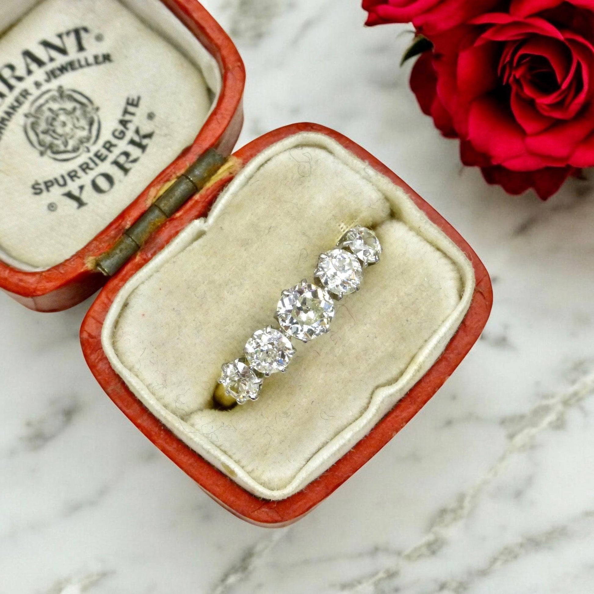 Antique 18ct gold old cut natural diamond five stone ring c.1.05ct c1920's