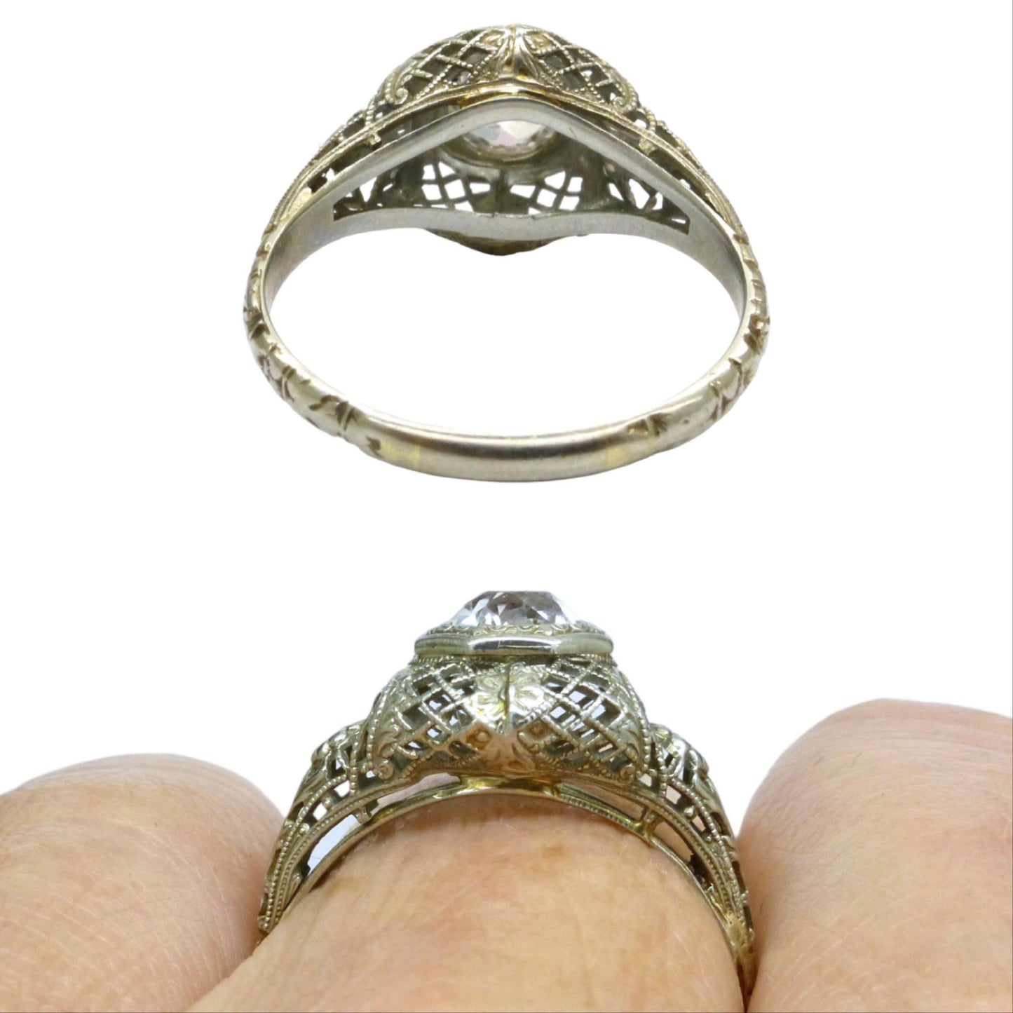Antique white gold filigree and white sapphire solitaire ring c1900's