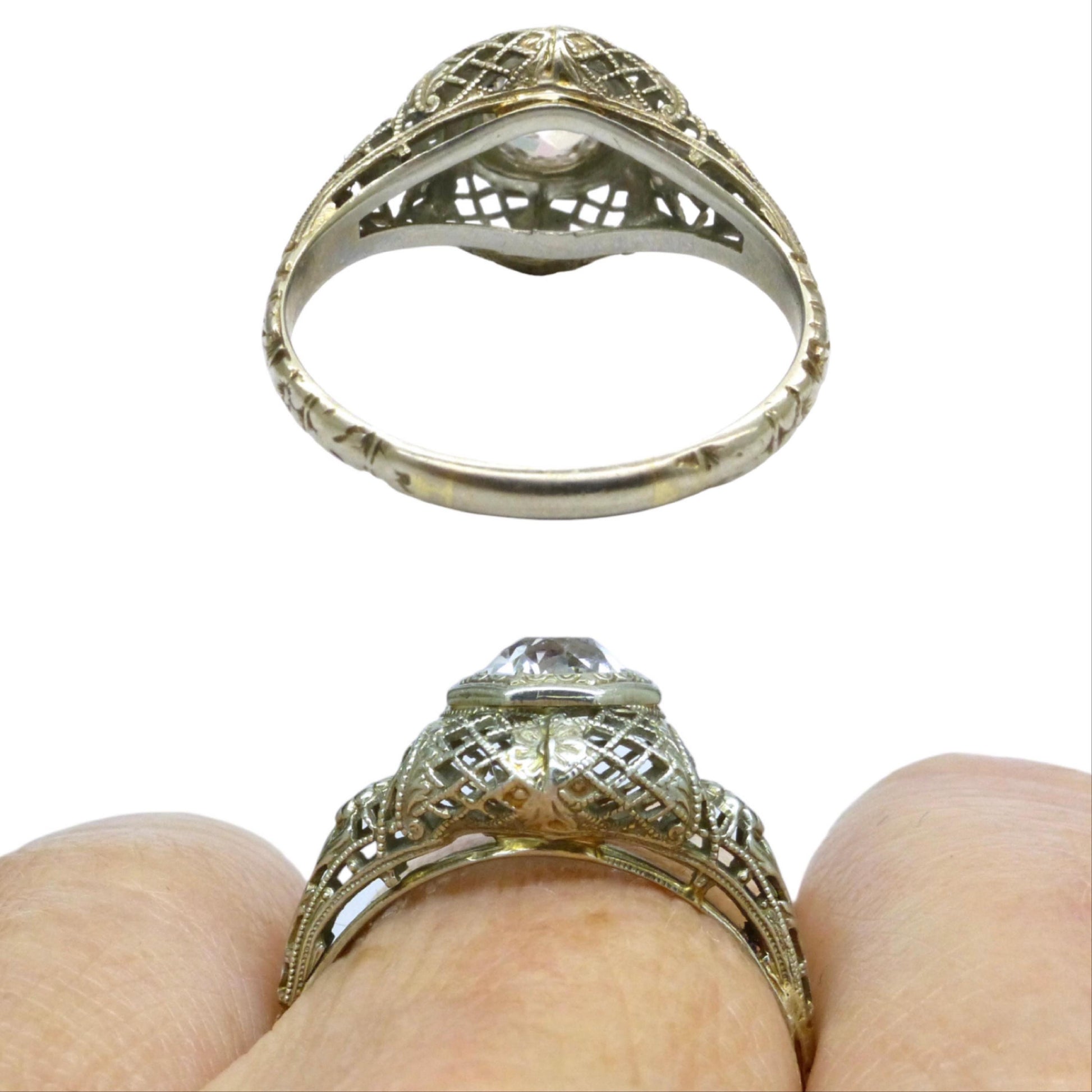 Antique white gold filigree and white sapphire solitaire ring c1900's