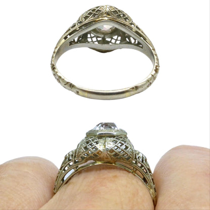 Antique white gold filigree and white sapphire solitaire ring c1900's
