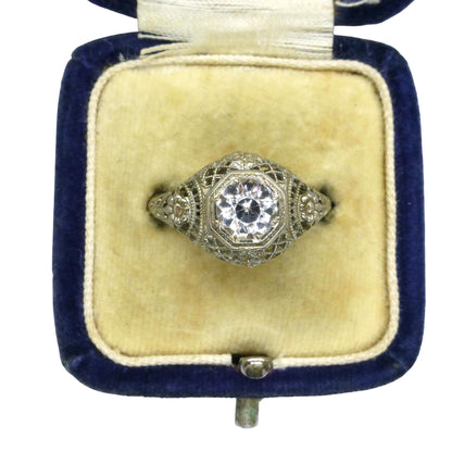 Antique white gold filigree and white sapphire solitaire ring c1900's